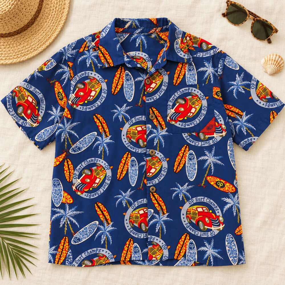 Ocean Pacific OP Boys Size 6 Surf Champs Hawaiian Shirt Embroidered Back